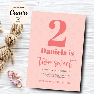 Two Sweet Strawberry Invitation, Girl 2nd Birthday Invitation Template, Pink Strawberry Party Invite, Canva Template, Digital Download