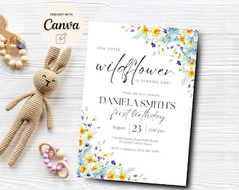 Wildflower 1st Birthday Invitation, Our Little wildflower 1st Birthday, Birthday Invite, 1st Birthday, Canva Template, Digital Download