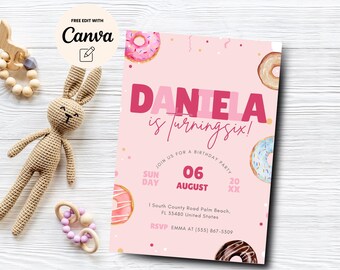 Sweet 6th Birthday Party Invitation Template, Editable Donuts Party Invite, Girl Pink Invite, Canva Template, Digital Download