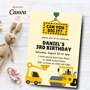 Dirty 3RD-Y Construction Birthday Invitation, Construction Trucks 3rd Birthday Party Invite, Can You Dig, Canva Template, Digital Download