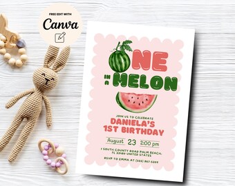 Editable Watermelon One in A Melon First 1st Birthday Party Invitation Girl Summer 1st Birthday Invite, Canva Template, Digital Download