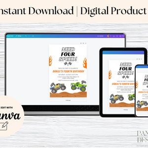 May include: Digital product design for a fourth birthday party invitation. The invitation features a monster truck theme with the text "Need Four Speed!" displayed on a laptop, tablet, and smartphone.