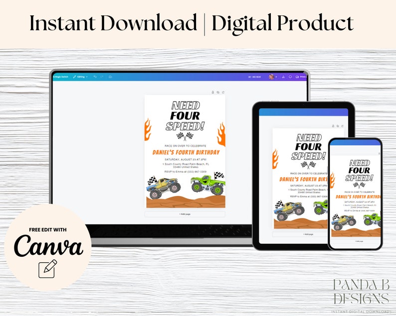 May include: Digital product design for a fourth birthday party invitation. The invitation features a monster truck theme with the text "Need Four Speed!" displayed on a laptop, tablet, and smartphone.