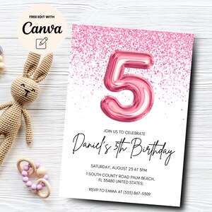 Pink 5th Birthday Invitation, 5th Birthday Invite, Number Foil 5th Birthday, Balloon Birthday Party, Canva Template, Digital Download