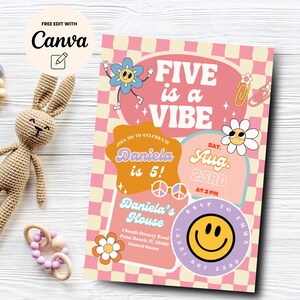 Five is a Vibe Checkered Smiley Face Birthday invite, Groovy Retro birthday,  Invitation Tween Birthday, Canva Template, Digital Download