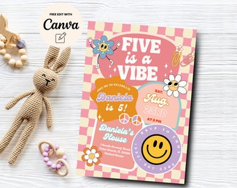 Five is a Vibe Checkered Smiley Face Birthday invite, Groovy Retro birthday,  Invitation Tween Birthday, Canva Template, Digital Download