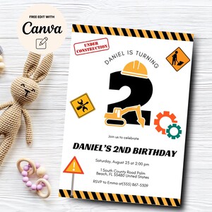 Editable Construction 2nd Birthday Invitation, Boys Minimalist Excavator Party Second Birthday Invite, Canva Editable, Digital Download