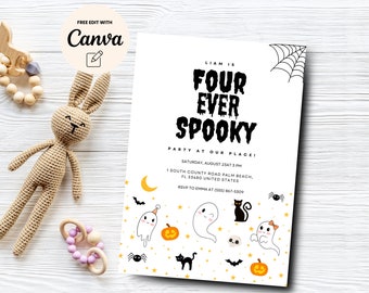May include: A white Halloween party invitation with black text that reads "Liam is Four Ever Spooky". The invitation has a black spider web in the top right corner and a variety of Halloween-themed illustrations, including ghosts, bats, pumpkins, stars, and black cats.