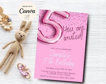 Editable Pink 5th Birthday Invitation, Glitter Birthday Party Invite, Rainbow Foil Girl Fifth Birthday, Canva Template, Digital Download