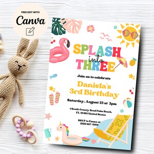 May include: A colourful birthday invitation with a summer theme. The invitation says "Splash into Three" and features a flamingo float, a beach chair, a beach ball, and a unicorn float. The invitation is for Daniela's 3rd birthday party on 23rd August at 2pm. The address is 1 South County Road Palm Beach, FL 33480. RSVP to Emma at (555) 867-5300.