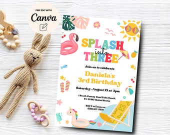 May include: A colorful birthday invitation with a summer theme. The invitation says "Splash into Three" and features a flamingo float, a beach chair, a beach ball, and a unicorn float. The invitation is for Daniela's 3rd birthday party on August 23rd at 2pm. The address is 1 South County Road Palm Beach, FL 33480. RSVP to Emma at (555) 867-5300.
