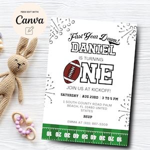 First Year Down Football Birthday Invitation, Boy First Birthday Invitation, Editable Invitation Template, Canva Editable, Digital Download