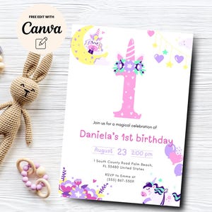 Unicorn 1st Birthday Party Invitation, Rainbow Invitation, Magical Birthday Invitation, Unicorn Birthday, Canva Template, Digital Download