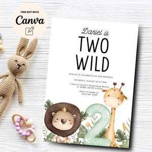Zwei wilde Geburtstagseinladung Safari 2. Geburtstag einladen Dschungel-Tierjunge-zweite Geburtstags-Einladung, digitaler Download