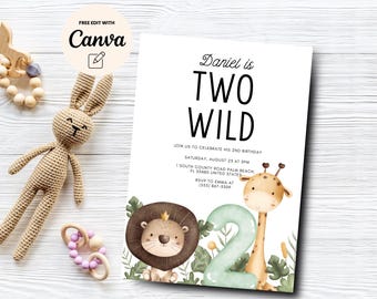 Two Wild Birthday Invitation, Safari 2nd Birthday Invite Jungle Animal Boy Second Birthday Invitation, Digital Download