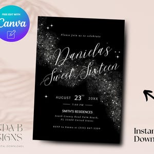 Editable 16th Birthday Invite, Elegant Black Sparkle 16th Birthday Invitation, Girl 16th Birthday Invite Canva Template, Digital Download