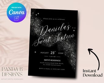 Editable 16th Birthday Invite, Elegant Black Sparkle 16th Birthday Invitation, Girl 16th Birthday Invite Canva Template, Digital Download