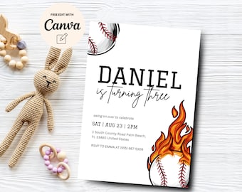 Baseball Party Einladung Vorlage Moderner Baseball Junge Geburtstag, 3. Geburtstagsfeier, sofortiger Download, Canva Vorlage, digitaler Download