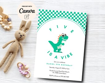 Five is a Vibe Dinosaur Birthday Invitation Retro T Rex Checkered Invitation Editable Digital Invitation, Canva Template, Digital Download