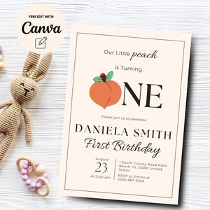 Peach 1st Birthday Invite, Editable Peach 1st Birthday Invitation, Our Little Peach 1st Birthday Invite, Canva Editable, Digital Download