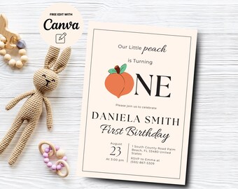 Peach 1st Birthday Invite, Editable Peach 1st Birthday Invitation, Our Little Peach 1st Birthday Invite, Canva Editable, Digital Download