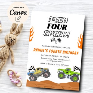 May include: A birthday party invitation with the text "NEED FOUR SPEED!" and "DANIEL'S FOURTH BIRTHDAY". The invitation features illustrations of monster trucks and flames, with event details. A crocheted bunny and wooden toys are in the background.