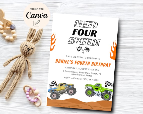 Monster Truck Need Four Speed Invitation, Editable Truck 4th Birthday Invite, Truck B'day Party, Canva Template, Digital Download