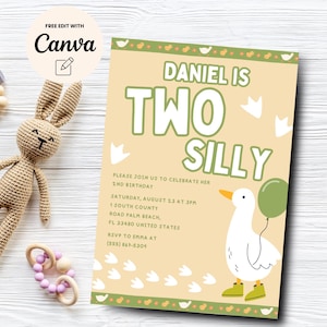 Two Silly Goose 2nd Birthday Invitation, Silly Goose 2nd Birthday Invite, Goose Birthday Party Invite, Canva Template, Digital Download