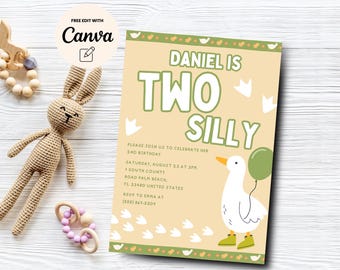 Two Silly Goose 2nd Birthday Invitation, Silly Goose 2nd Birthday Invite, Goose Birthday Party Invite, Canva Template, Digital Download