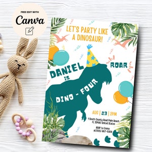 Dinosaur 4th Birthday Invitation, DinoFour TRex Party Invite Template Boy ,Fourth Bday Party Green Dino, Canva Template, Digital Download