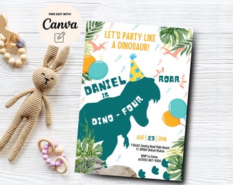 Dinosaur 4th Birthday Invitation, DinoFour TRex Party Invite Template Boy ,Fourth Bday Party Green Dino, Canva Template, Digital Download