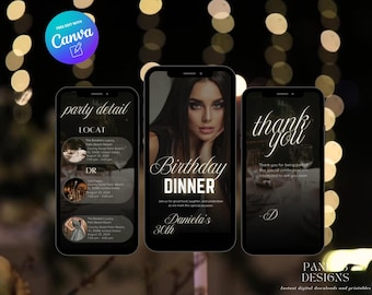 Convite para jantar de aniversário digital com foto, convite animado para festa de aniversário digital com vídeo, modelo Canva para jantar de aniversário, download digital