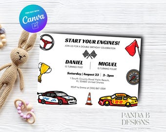 May include: A white and black birthday invitation with a race car theme. The invitation says "Start Your Engines!" and "Join us for a double birthday celebration." The invitation is for Daniel, who is turning five, and Miguel, who is turning four. The invitation includes a date and time, location, and RSVP information.