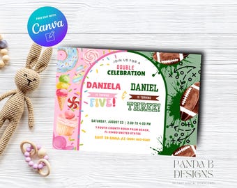 Invitación de cumpleaños dulce de fútbol para dos personas, invitación de cumpleaños para niña y niño, invitación dulce de deportes para cualquier edad, plantilla Canva, descarga instantánea
