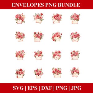 Floral Envelopes Valentines Day Roses PNG Bundle, Valentines Pastel Roses PNG SVG, Rose Clipart Valentines Cricut Cut Files Silhouette