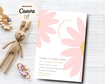 Wildflower Young Wild and Three, invitación de tercer cumpleaños, plantilla de Canva para invitación de cumpleaños de pradera, descarga digital,