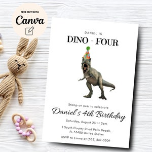 Dino-Four 4th Birthday Invitation, 4th Birthday Invite, Dinosaur Boy Invite, Dinosaur Party Invitation, Canva Template, Digital Download