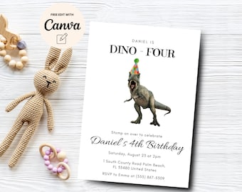 Dino-Four 4th Birthday Invitation, 4th Birthday Invite, Dinosaur Boy Invite, Dinosaur Party Invitation, Canva Template, Digital Download