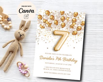 Editable Gold 7th Birthday Invitation, Gold 7th Birthday, Glitter Birthday, Balloon Foil Girl 7th Birthday, Canva Template, Digital Download