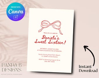 Red 16th Birthday Invite, Minimalist Red 16th Birthday Invitation, Editable Girl 16th Birthday Invite Canva Template, Digital Download