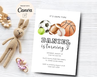 Sports Theme 3rd Birthday Invitation, Let's Have a Ball, Basketball, Football, Soccer, Boy Birthday, Canva Template, Digital Download