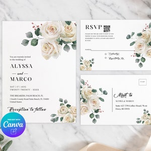 Invito a nozze nel verde della rosa bianca, floreale verde polveroso modificabile, modello Canva, download istantaneo, prodotto digitale