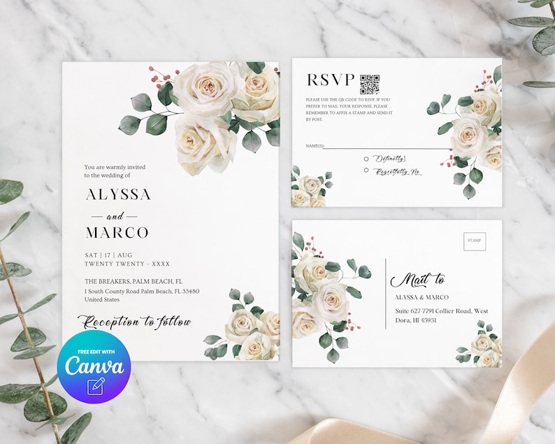 May include: Wedding invitation with white roses and greenery. The invitation is for Alyssa and Marco, and the wedding will take place on August 17th, 2020 at The Breakers in Palm Beach, Florida. The invitation includes a RSVP card and a mailing address.