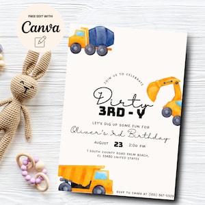 Dirty 3RD-Y Birthday Invitation Construction Boy 3rd Birthday Invitation Dump Truck Party, Canva Template, Digital Download