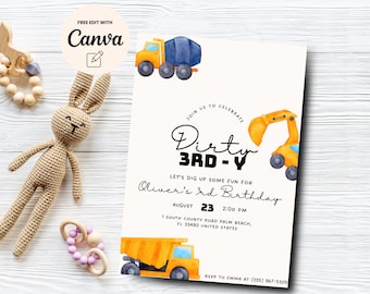 Dirty 3e anniversaire de mariage Invitation Construction Boy 3e anniversaire Invitation fête de camion à benne basculante, modèle de toile, téléchargement numérique