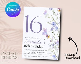 Wildflower 16th Birthday Invitation, Purple Butterfly 16th Birthday Invite, Floral Teenage Birthday Invite, Canva Template, Digital Download