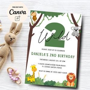 Zwei wilde Geburtstagseinladung, Wilde Safari Einladung zum 2.Geburtstag, Junge Geburtstagseinladung, Canva Vorlage, digitaler Download