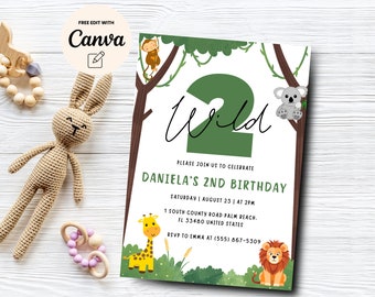 Due Wild Birthday, Wild Safari 2° invito di compleanno, invito di compleanno per ragazzi, modello Canva, download digitale