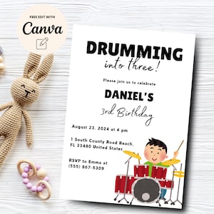 Drum Birthday Invitation Drum Theme Invitation Musical Instruments 3rd Birthday, 3rd Birthday Drum Party, Canva Template, Digital Download
