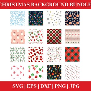 May include: A collection of 16 Christmas-themed digital background patterns. Designs include snowflakes, candy canes, Santa faces, gifts, plaid, and ornaments. The text "CHRISTMAS BACKGROUND BUNDLE" is at the top, with file type options below.